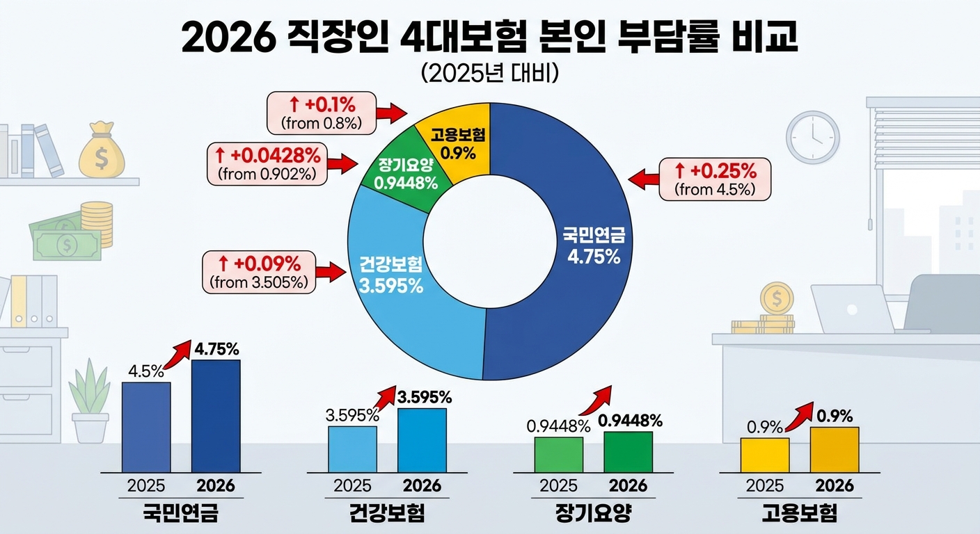 2026년 4대보험 직장인 본인 부담률 인포그래픽
