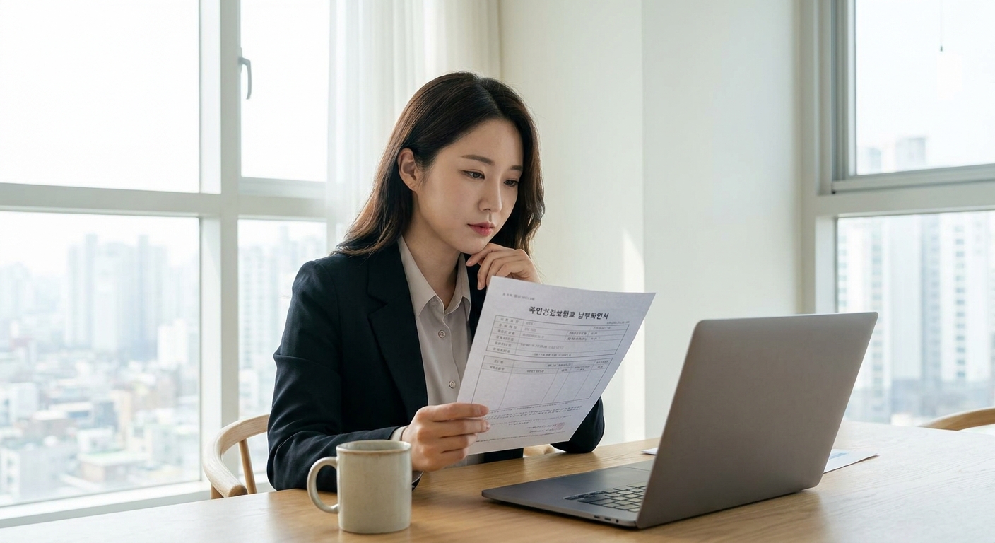 건강보험료 납부확인서를 출력해 검토하는 직장인 모습