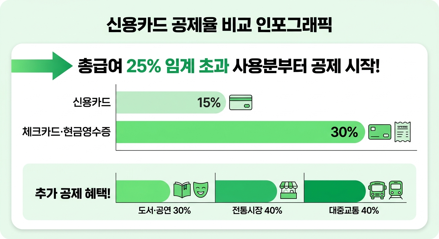 신용카드와 체크카드·현금영수증 공제율 비교 인포그래픽