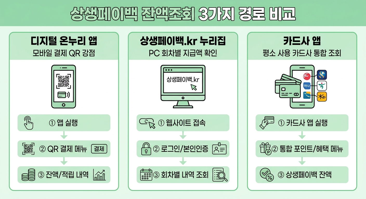 상생페이백 잔액조회 3가지 경로 비교 인포그래픽