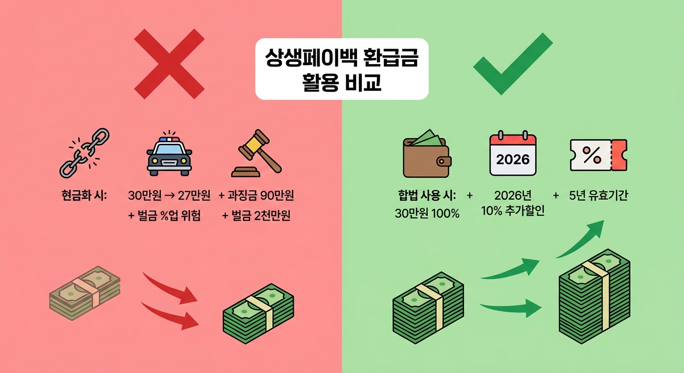 상생페이백 현금화 vs 합법 사용 비교 인포그래픽