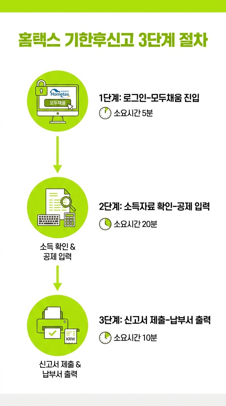 홈택스에서 종합소득세 기한후신고 3단계 절차 인포그래픽