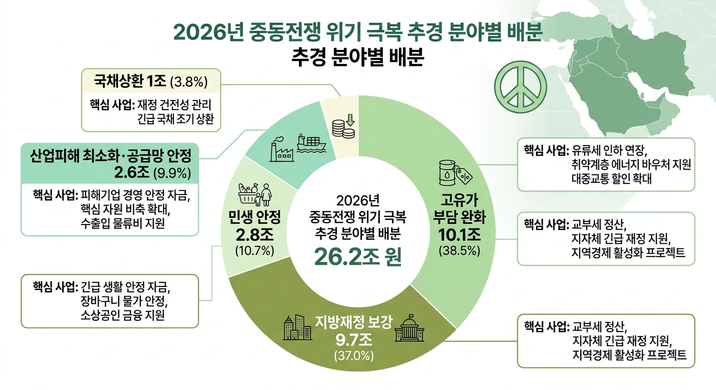 2026년 26.2조 중동전쟁 추경 5대 분야 배분 인포그래픽