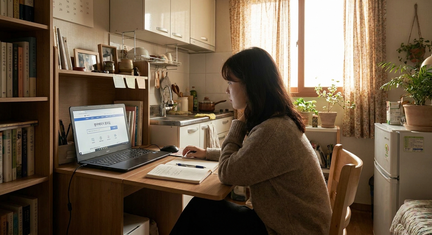 1인가구 청년이 노트북으로 2026 생계급여 자가진단을 하는 모습