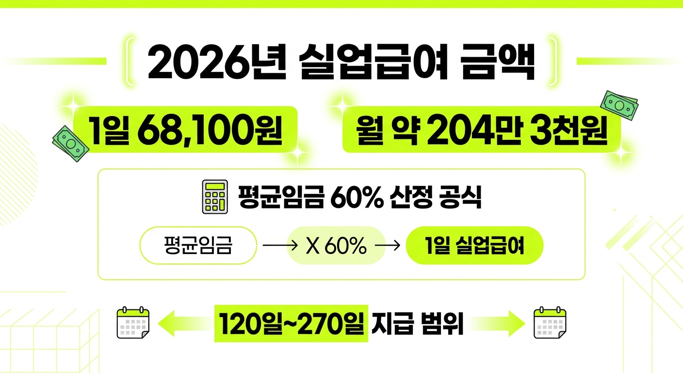 2026년 실업급여 1일 상한액과 월 지급액 인포그래픽