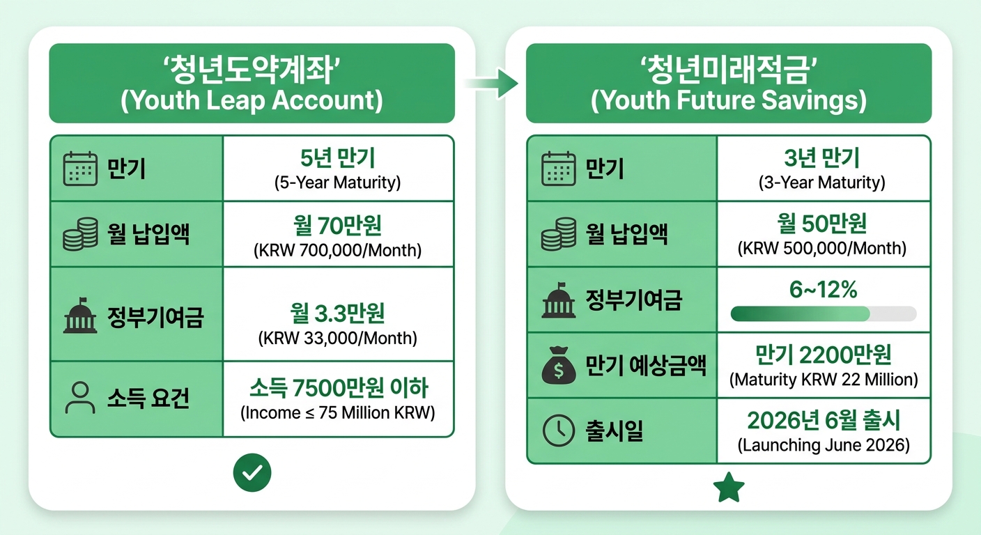 청년도약계좌와 청년미래적금 자격·만기·정부기여금 비교 인포그래픽