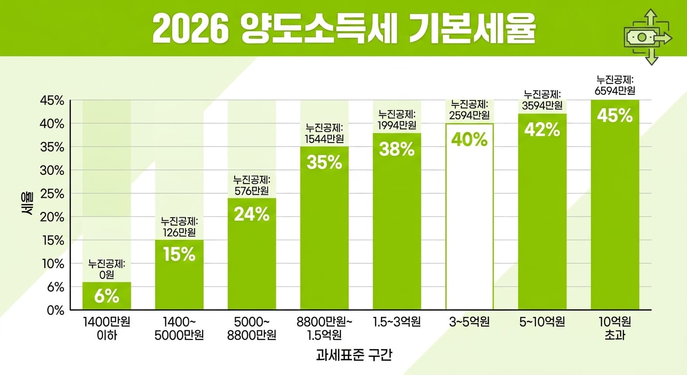 양도소득 세율 8단계 누진세율과 누진공제액 인포그래픽
