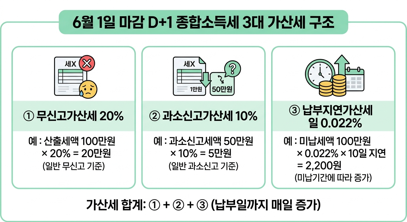 종합소득세 신고 기간 놓치면 발생하는 3대 가산세 구조 인포그래픽