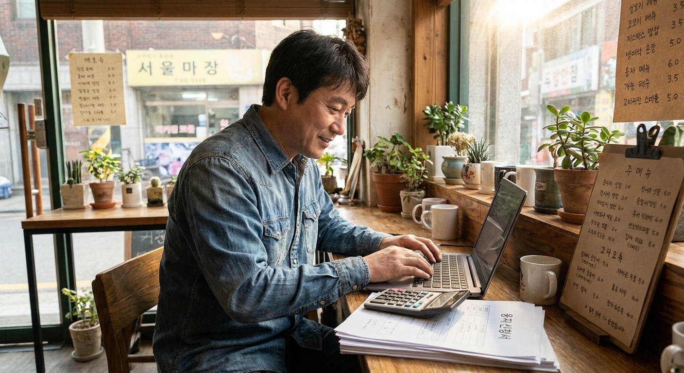 경기도 소상공인이 카페에서 보증 신청 서류를 검토하는 모습
