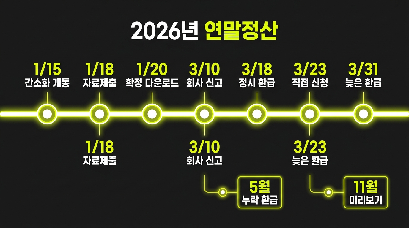 2026 연말정산 7개 마감일 타임라인 인포그래픽