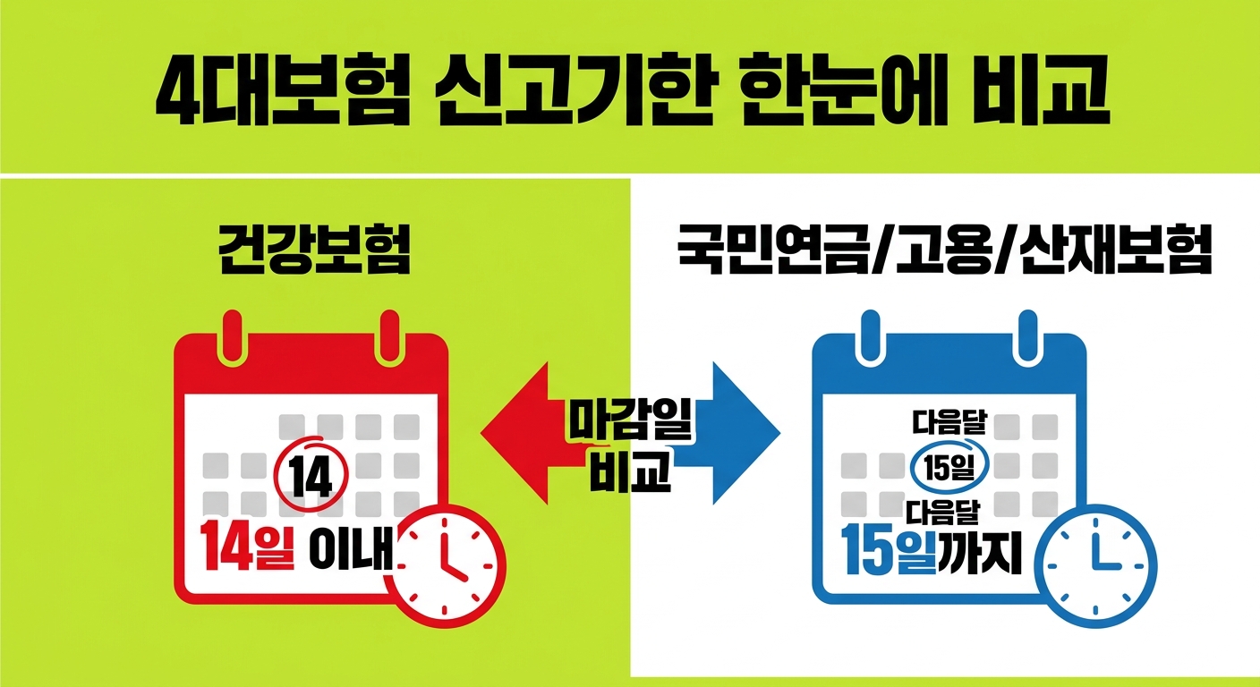 건강보험 14일과 국민연금 고용 산재 다음달 15일 4대보험 신고기한 비교 인포그래픽