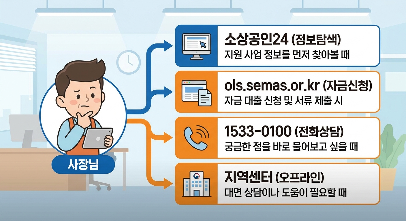 소상공인진흥공단 신청 채널 흐름도 인포그래픽