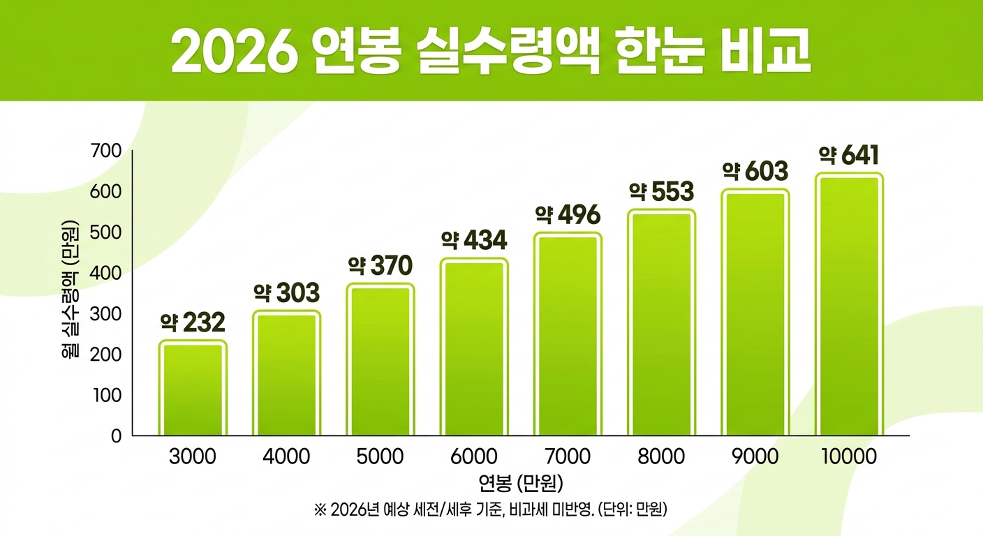 2026 연봉 구간별 월 실수령액 비교 인포그래픽