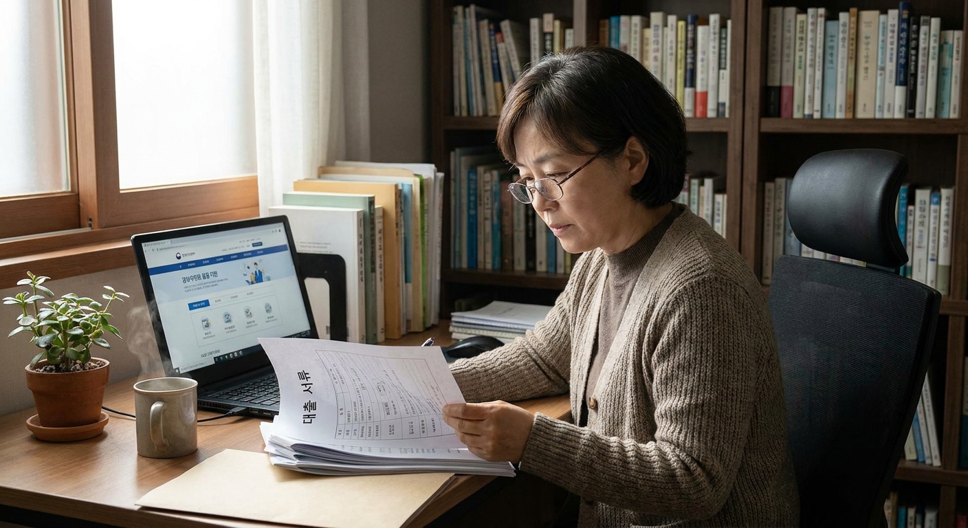 신용취약 소상공인자금을 신청하기 위해 노트북으로 서류를 확인하는 소상공인