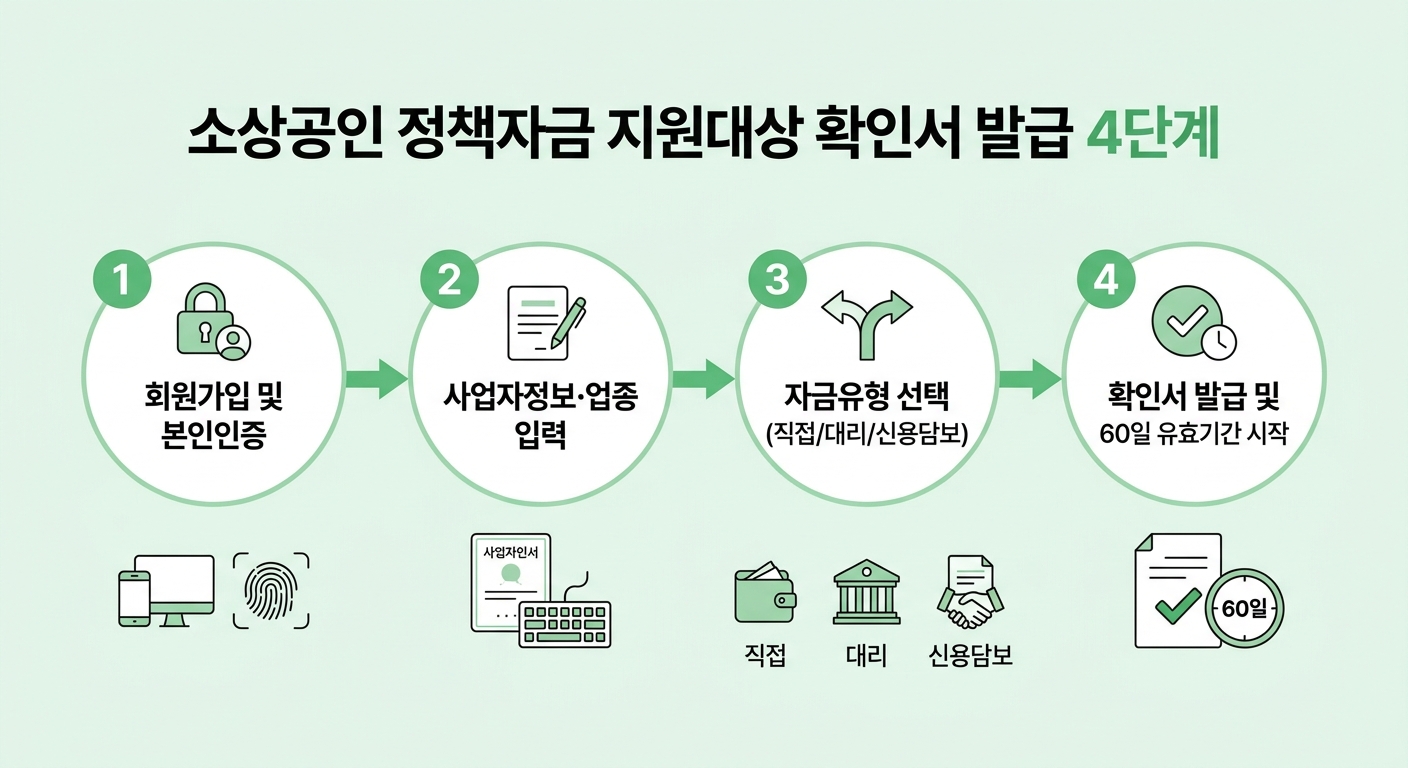 소상공인 정책자금 지원대상 확인서 발급 4단계 인포그래픽