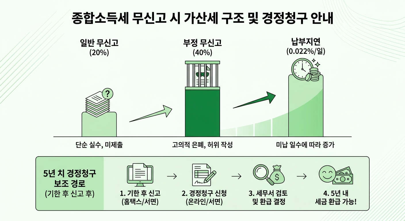 종합소득세 무신고 가산세 구조와 경정청구 5년 보조 경로 인포그래픽