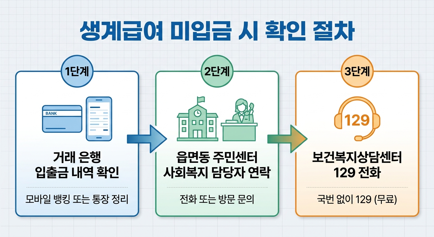 생계급여 미입금 시 확인 순서 3단계 인포그래픽