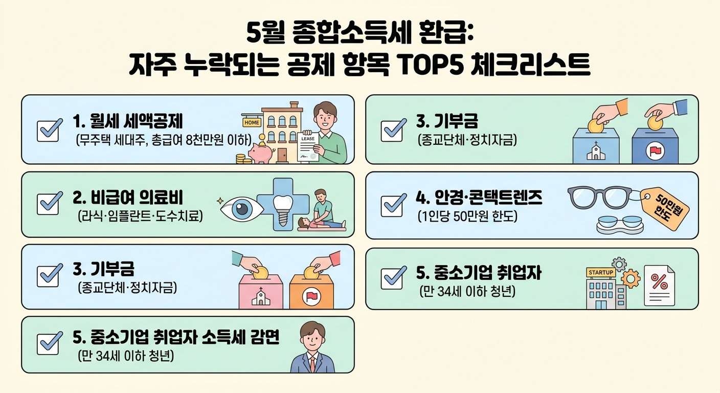 5월 종합소득세 환급 누락 빈도 상위 5가지 공제 항목 인포그래픽