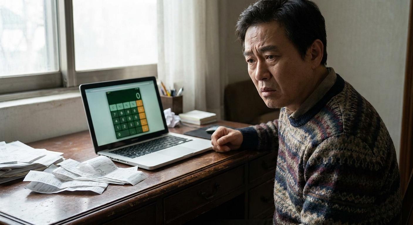 퇴사 후 지역가입자 건강보험료 고지서를 보며 모의계산기를 사용하는 모습