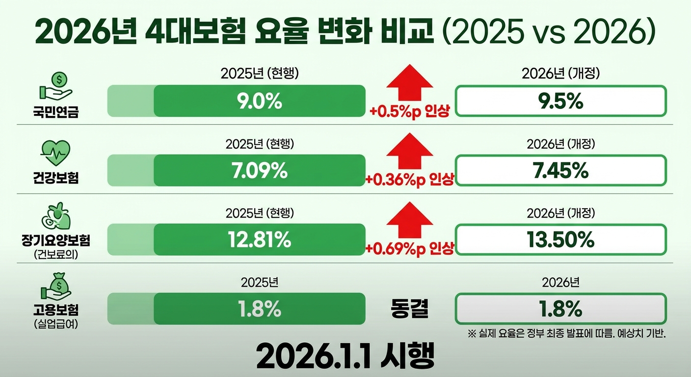 2026년 4대보험 요율 인상 비교 인포그래픽