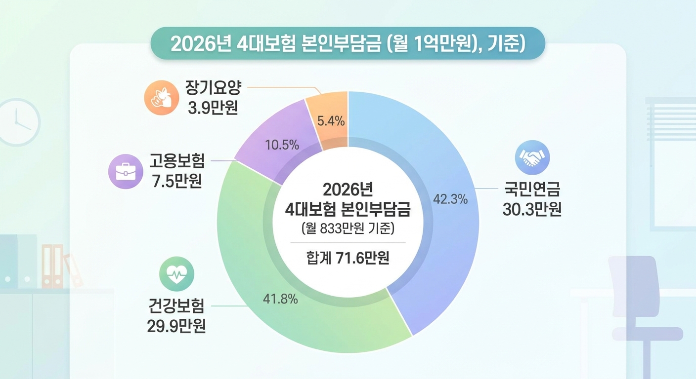 2026년 연봉 1억 4대보험 본인부담 항목별 차감액 인포그래픽
