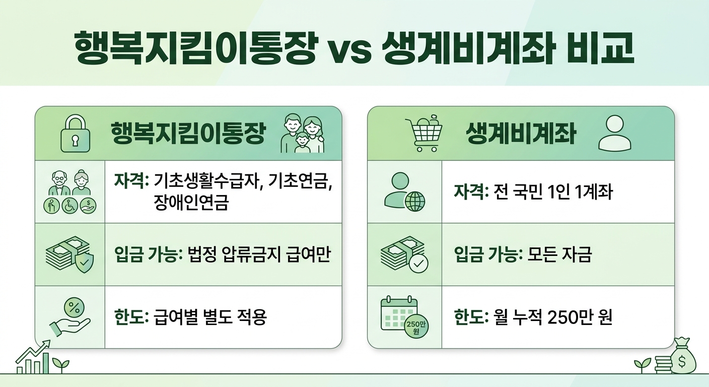 행복지킴이통장과 생계비계좌의 자격, 입금 가능 자금, 한도 비교 인포그래픽