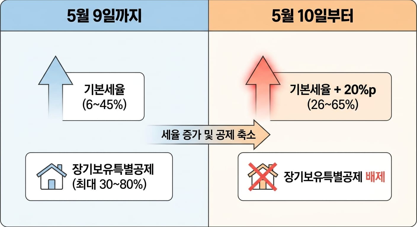 5월 9일과 5월 10일 1가구 2주택 양도세율 비교 인포그래픽