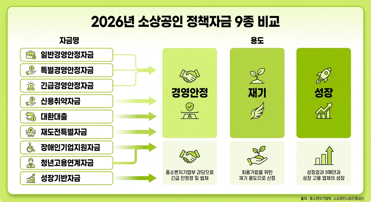 2026 소상공인 정책자금 9종 용도별 비교 인포그래픽