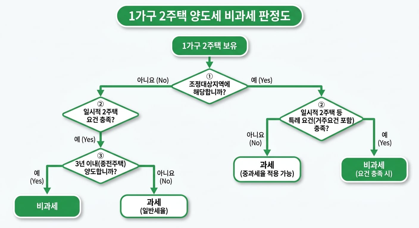 1가구 2주택 양도세 의사결정 플로우차트 인포그래픽