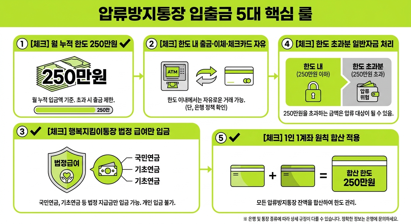 압류방지통장 입출금 핵심 룰 5가지 체크리스트 인포그래픽