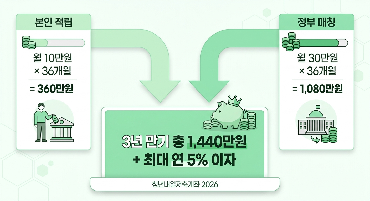 청년내일저축계좌 본인 적립금과 정부 매칭금이 합쳐져 3년 만기 1,440만원이 되는 구조 인포그래픽