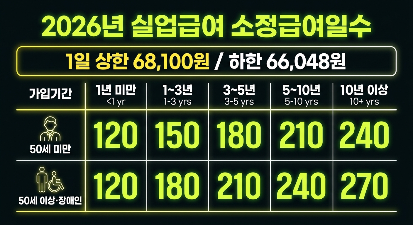 2026 실업급여 가입기간 연령별 소정급여일수 표