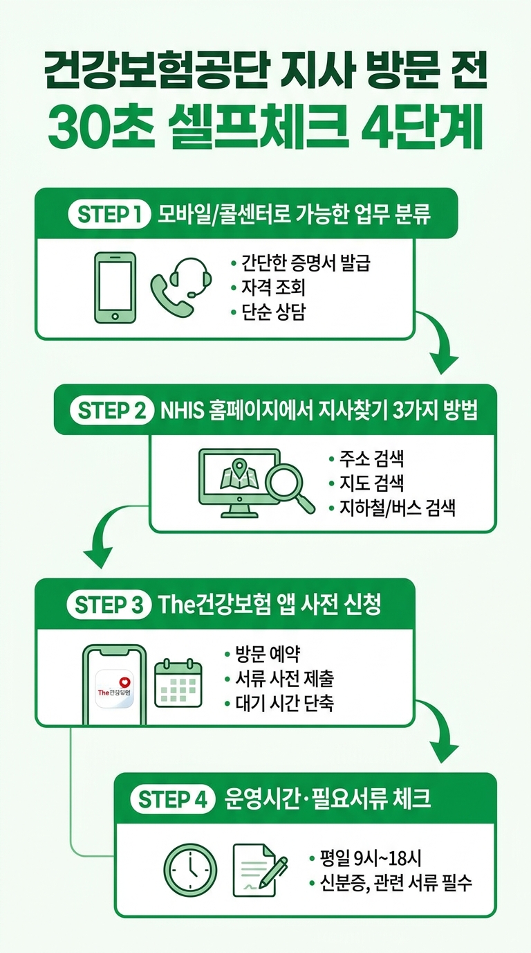 건강보험공단 지사찾기 30초 셀프체크 4단계 인포그래픽
