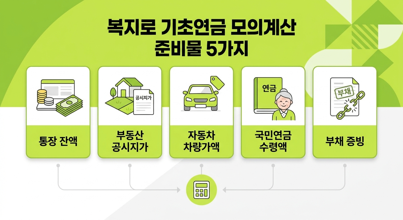 기초연금 모의계산 전 준비물 5가지 인포그래픽