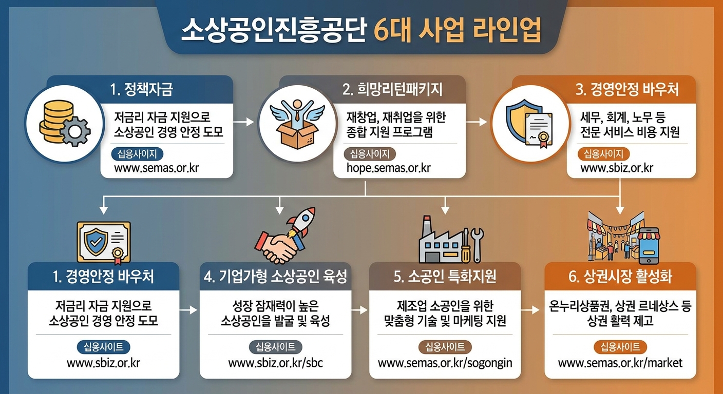 소상공인진흥공단 6대 사업 인포그래픽