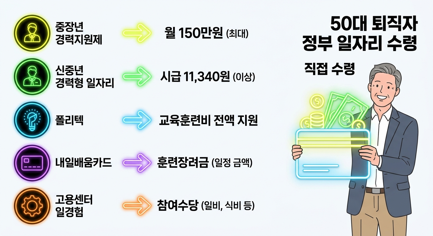50대 퇴직 후 직업 정부 일자리 5가지 본인 수령액 비교 인포그래픽
