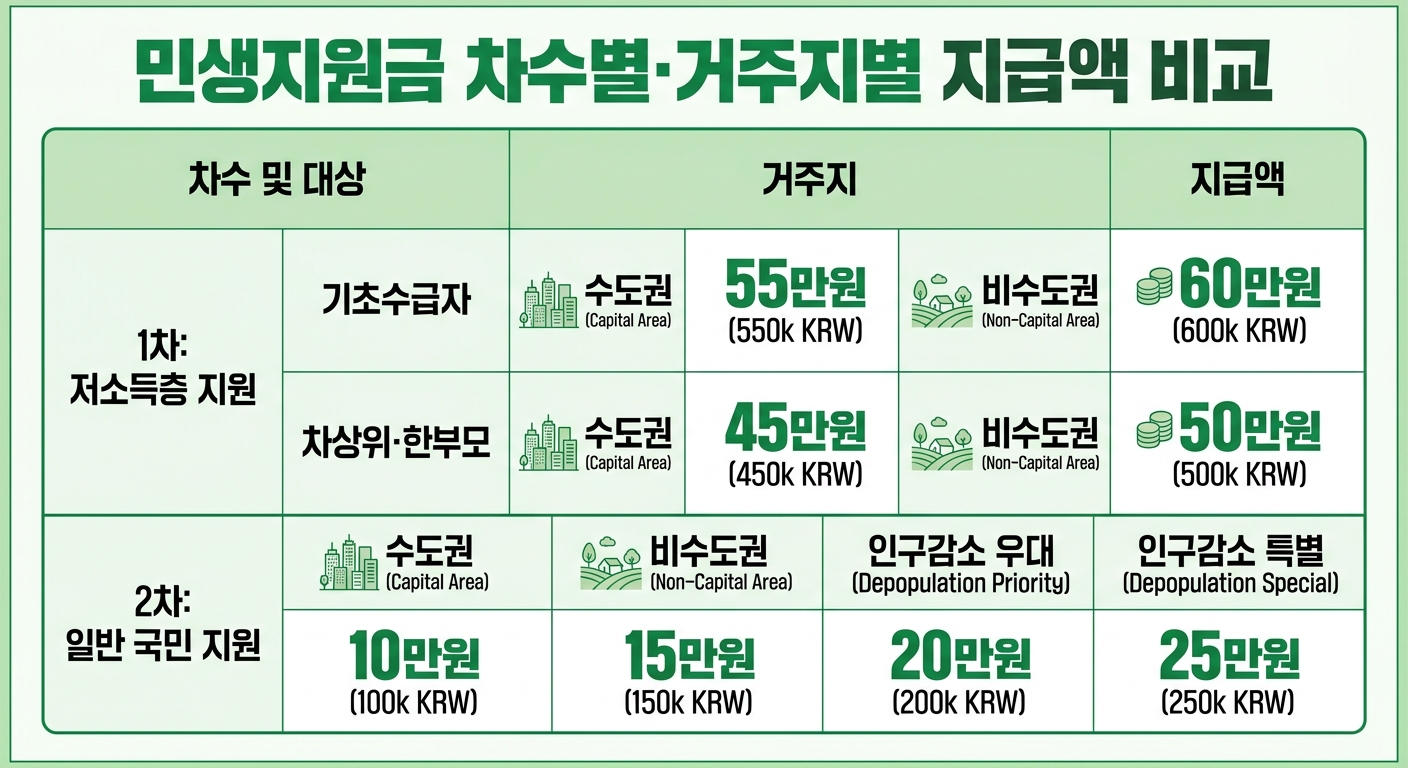 민생지원금 3차 1차 2차 지급액 거주지별 비교표