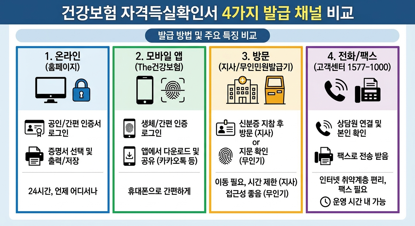 건강보험 자격득실확인서 발급 채널 4가지 비교 인포그래픽