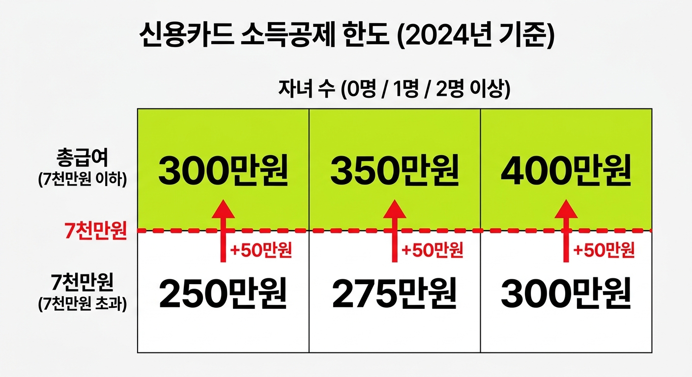 총급여와 자녀 수에 따른 신용카드 공제 한도 6케이스 매트릭스
