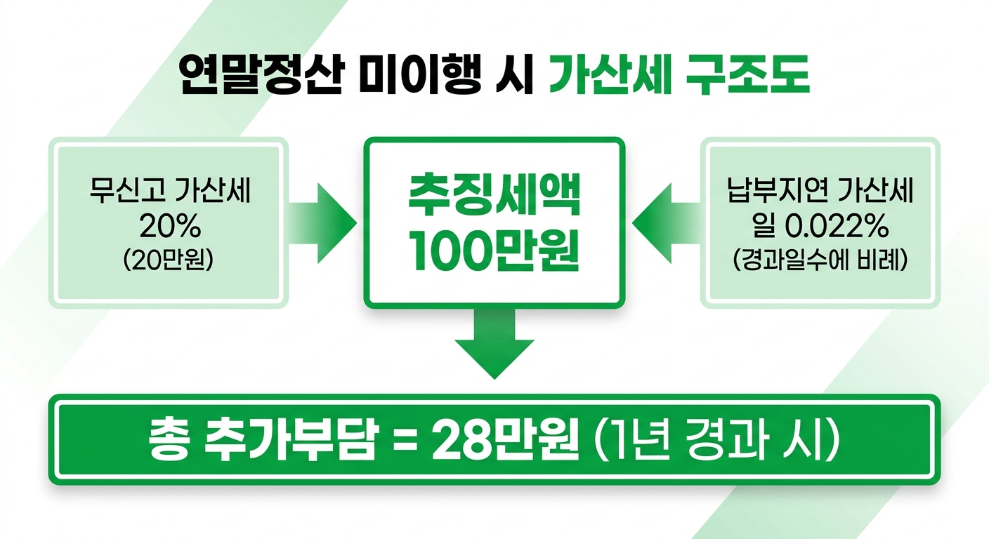 연말정산 안하면 발생하는 무신고 가산세 20%와 납부지연 가산세 0.022% 계산 구조