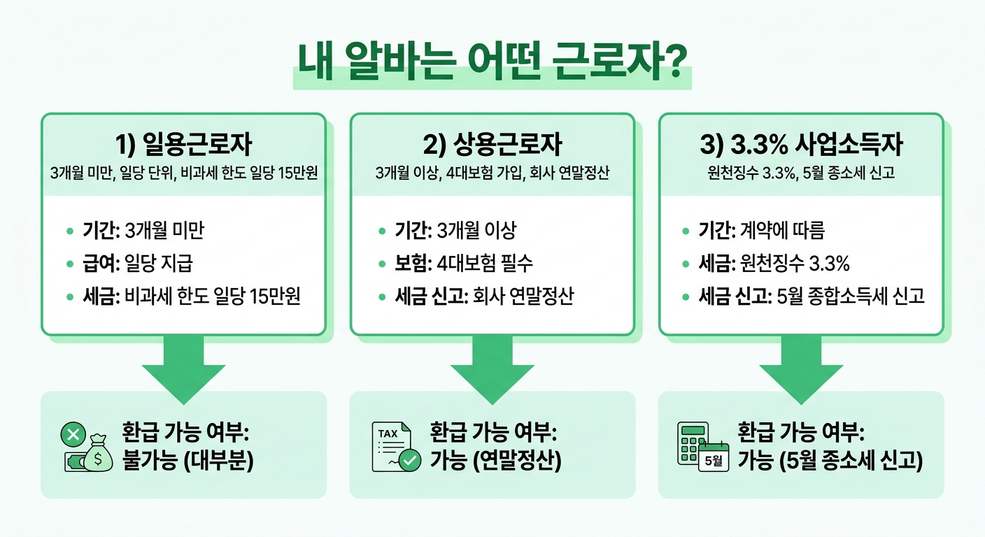 일용직, 상용직, 3.3% 사업소득자 알바 케이스 분류 차트