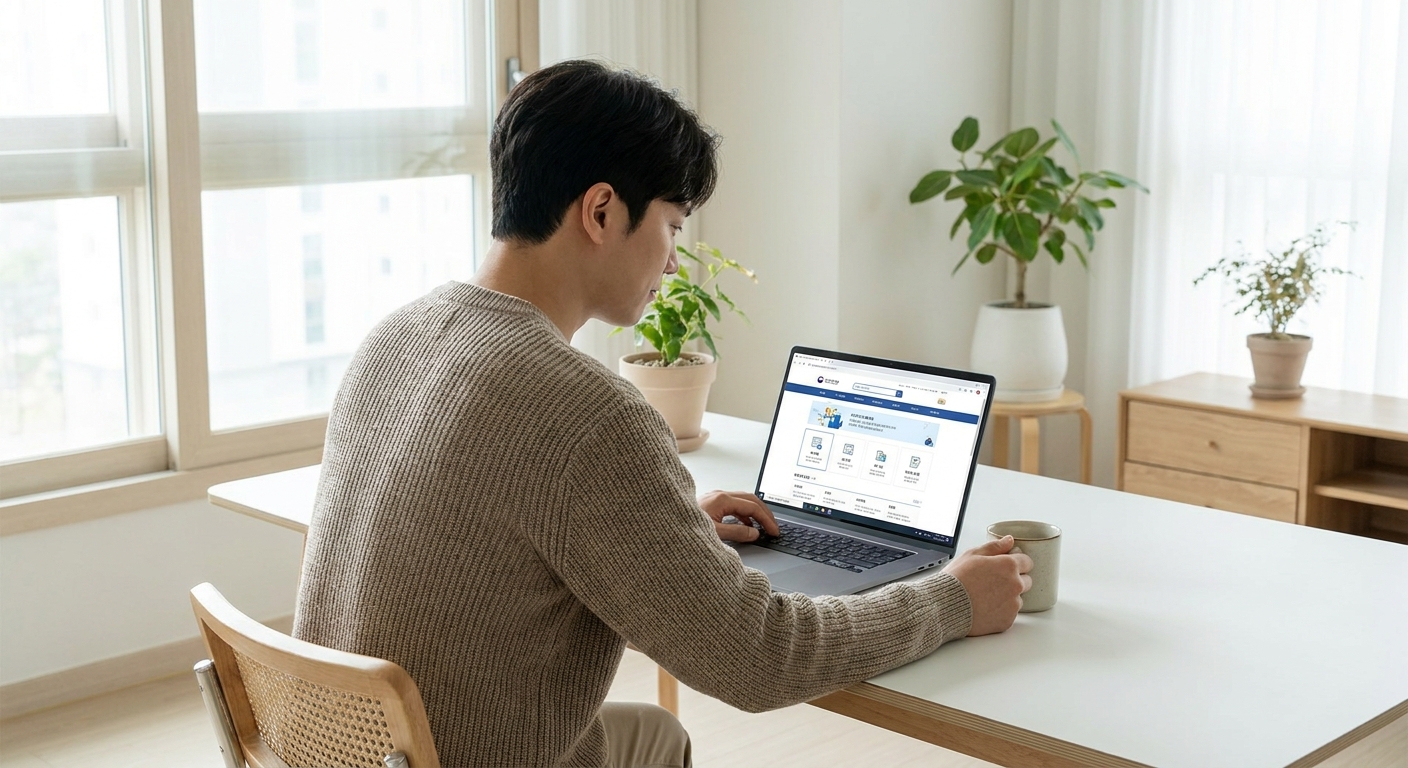 노트북으로 5월 종합소득세 신고 화면을 보고 있는 중도퇴사자