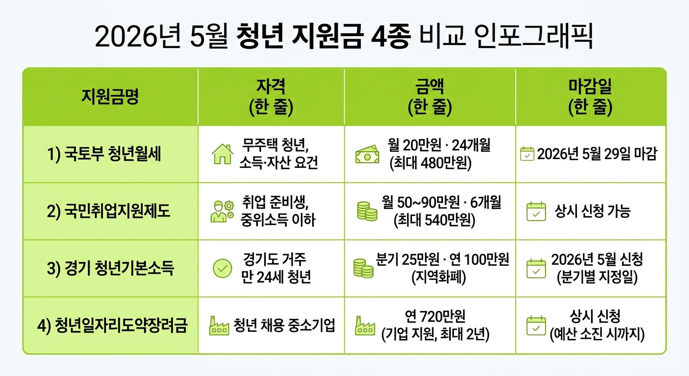 2026년 5월 신청 가능한 청년 지원금 4가지 비교표