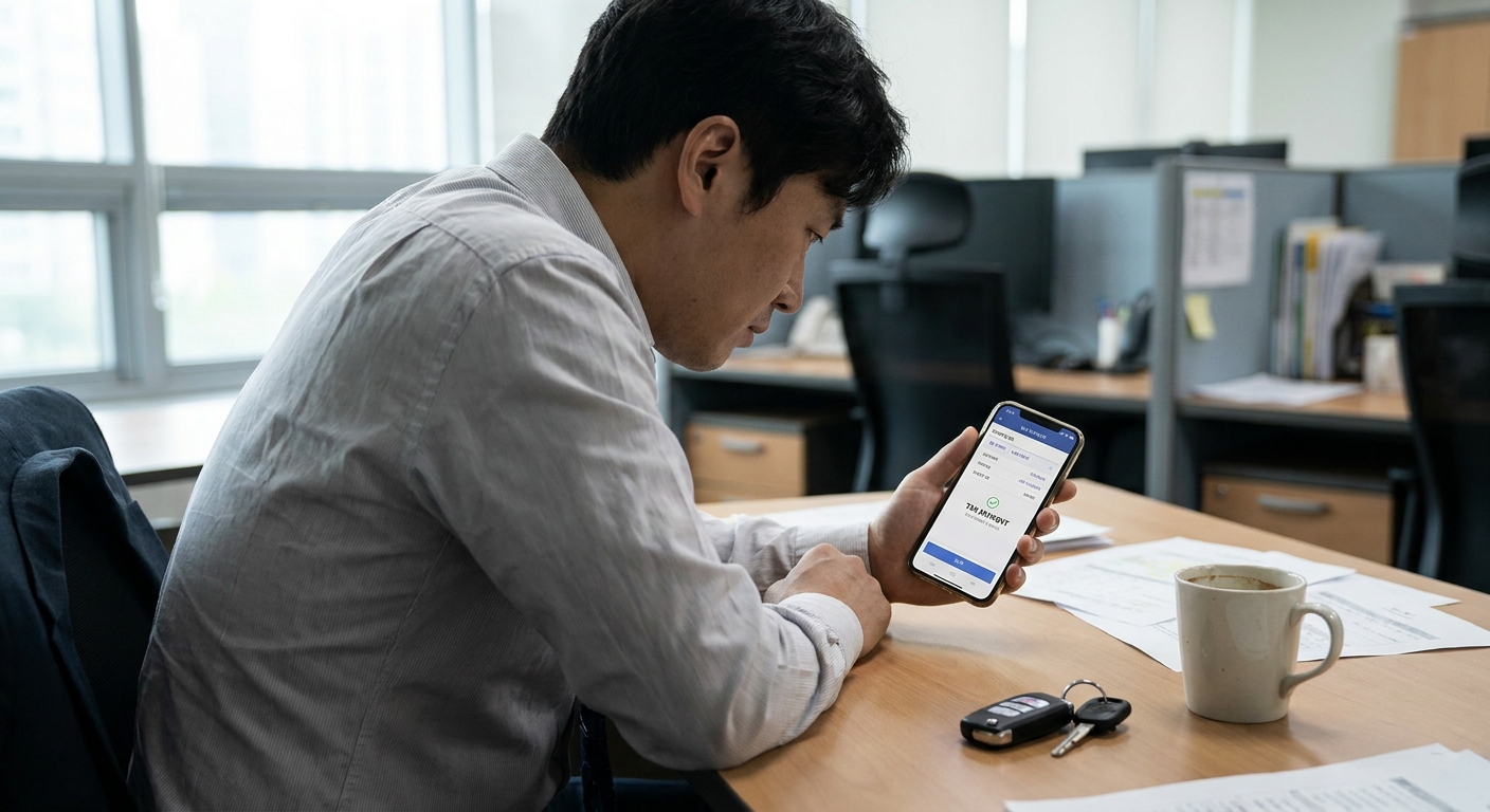위택스 앱으로 자동차세를 납부하는 직장인 모습