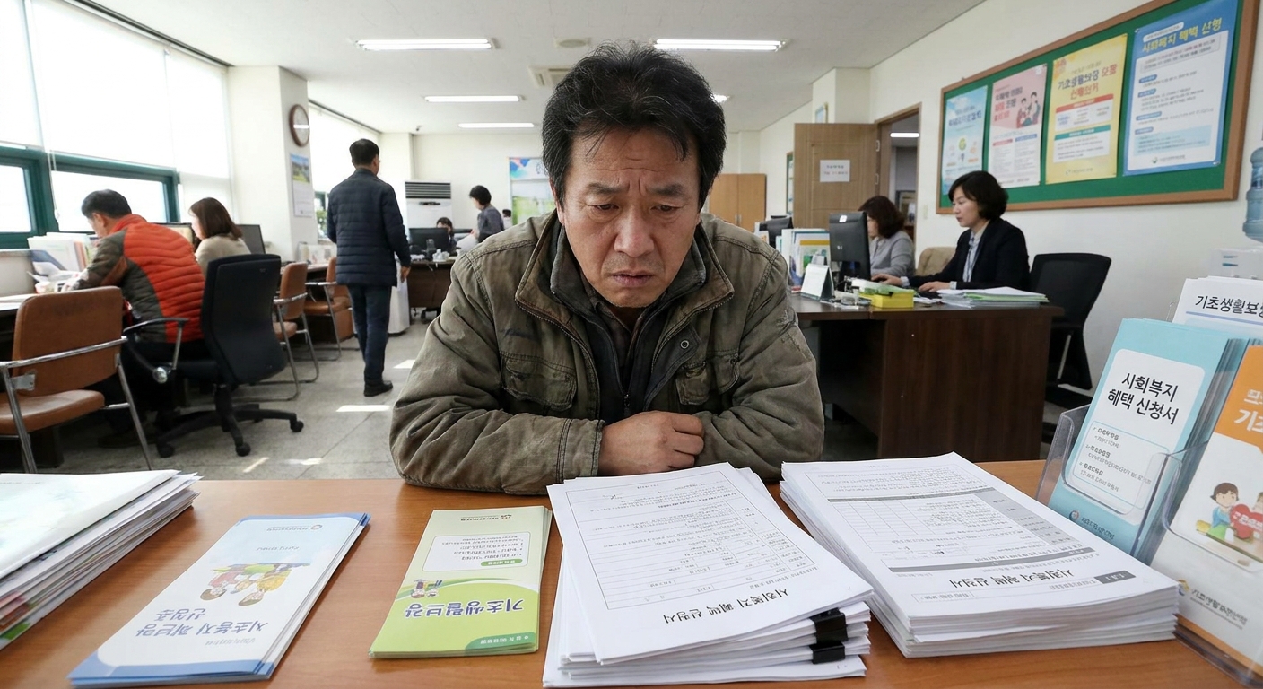 주민센터에서 자활근로 서류를 확인하는 수급자