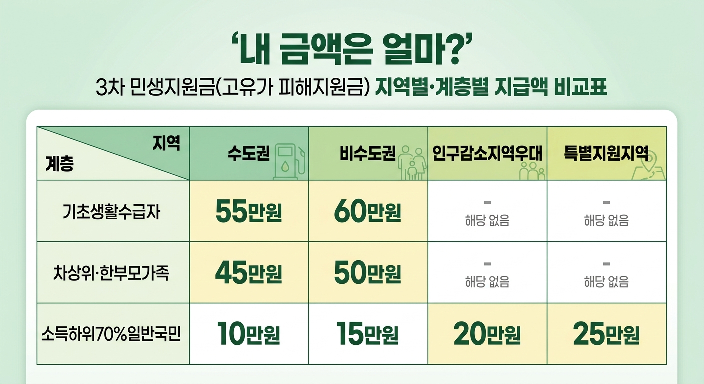 3차 민생지원금 지역별 계층별 지급액 비교표