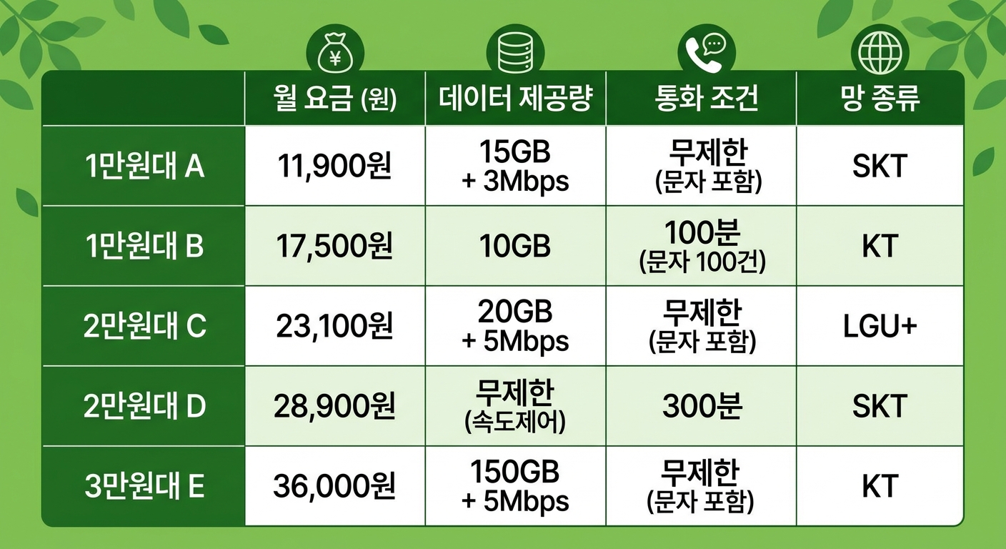 알뜰폰 요금제 5종 비교표 — 월 요금·데이터·통화 조건