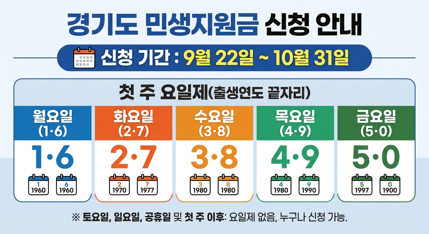 경기도 민생 지원금 신청 기간과 요일제를 설명하는 인포그래픽