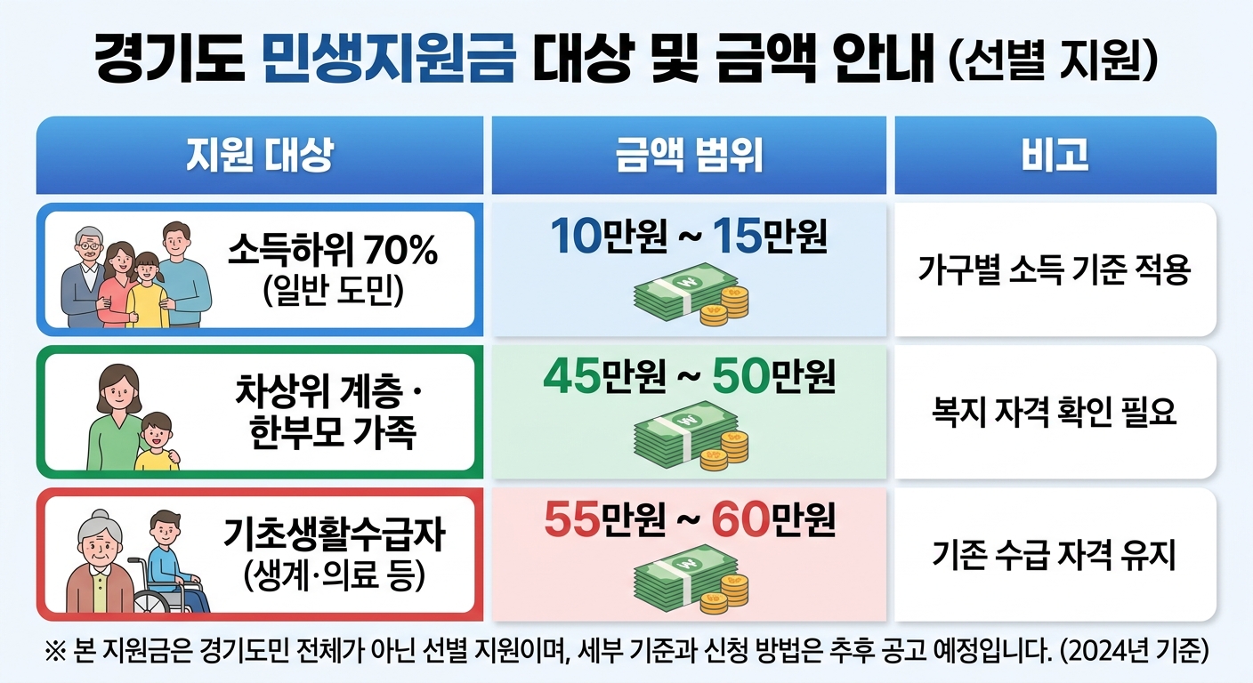 경기도 민생 지원금 대상별 금액 비교 인포그래픽