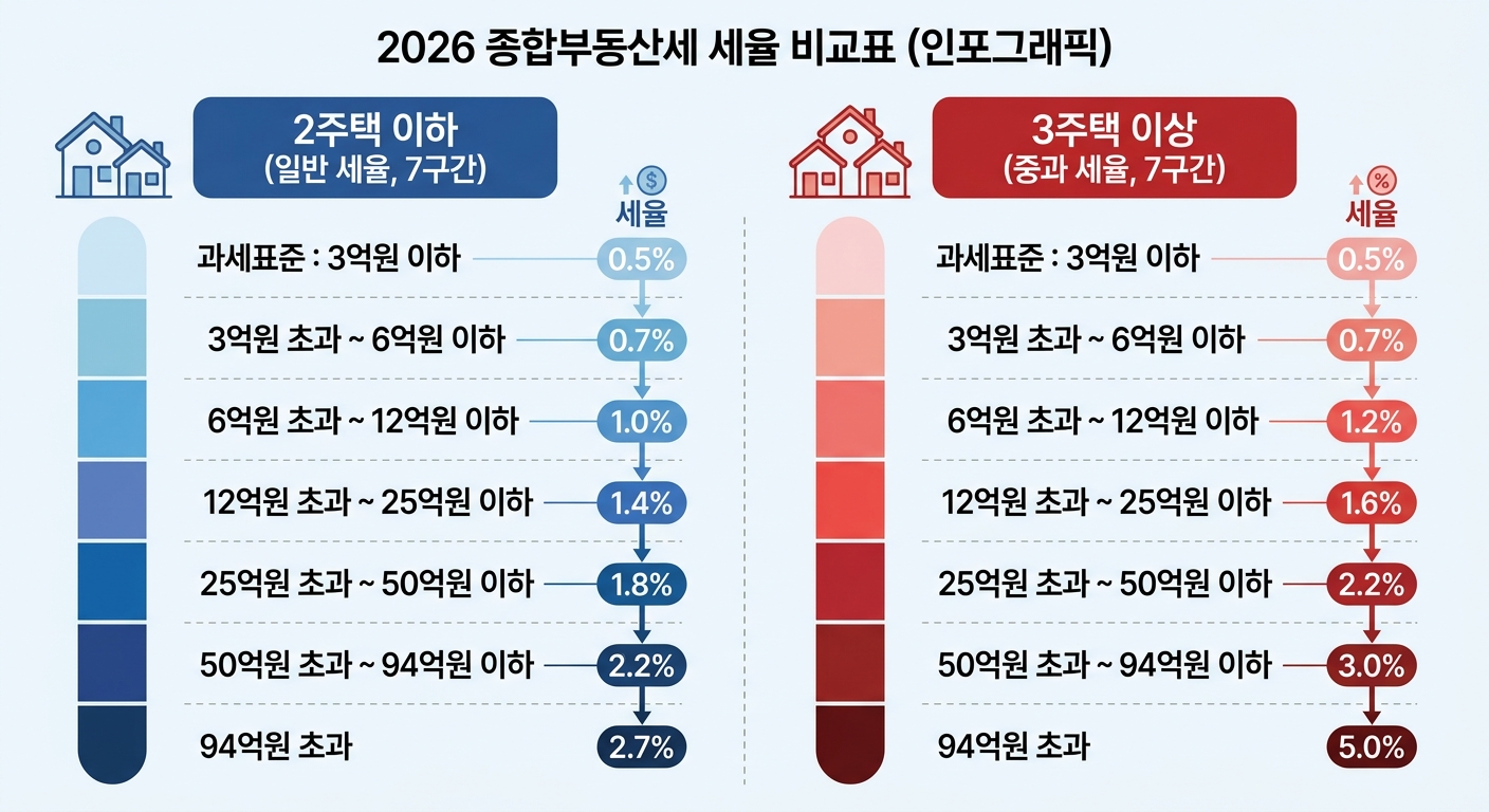 2026 종합부동산세 세율표 2주택 이하 vs 3주택 이상 비교 인포그래픽